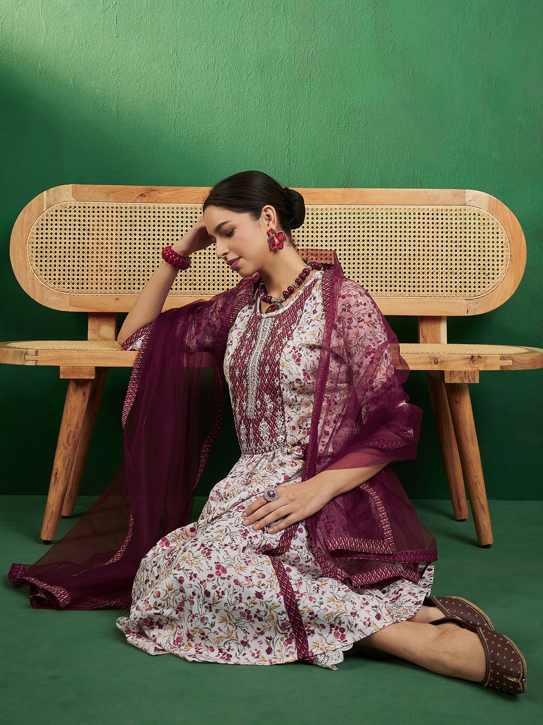 

Sangria Round Neck Floral Print Embroidered A Line Kurta with Trouser & Dupatta, Maroon