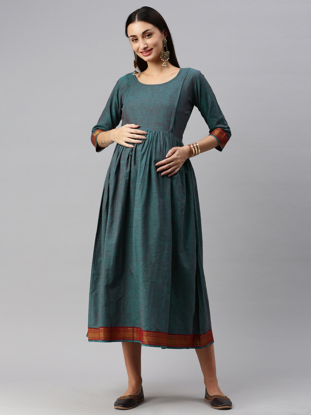 

Swishchick A-Line Midi Maternity Cotton Ethnic Dress, Teal