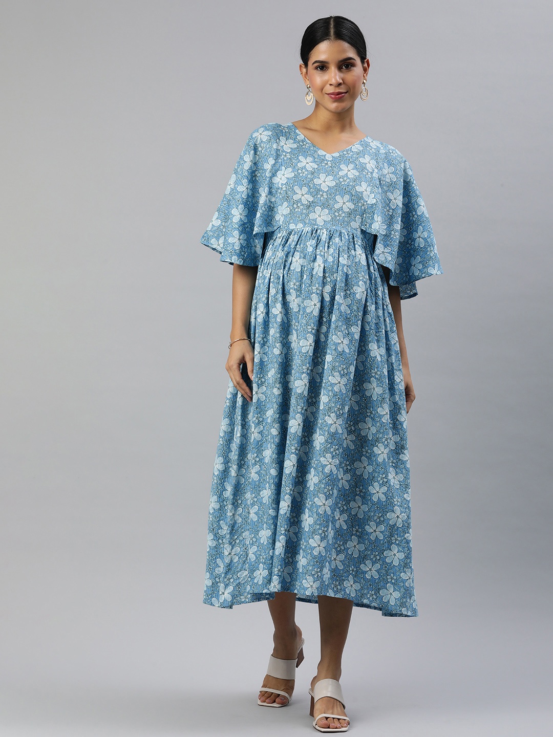 

Swishchick V Neck Flared Sleeve Floral Printed Cotton Maternity A-Line Midi Dress, Blue