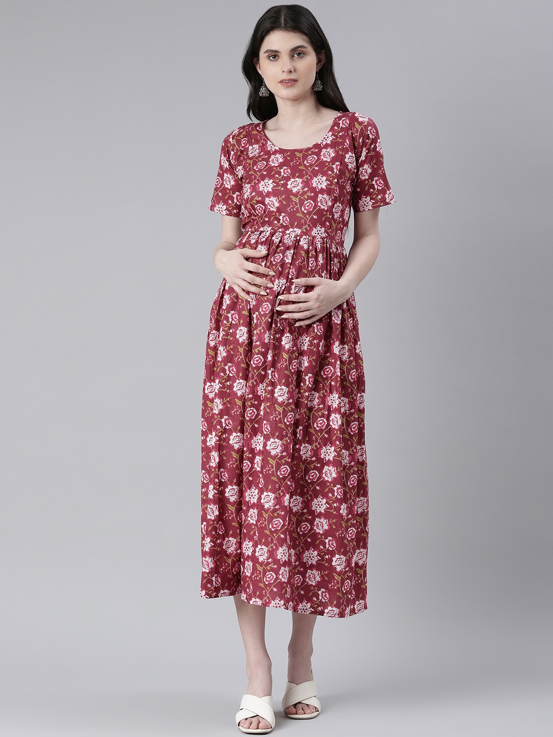 

Swishchick Round Neck Short Sleeves Floral Print Cotton Fit & Flare Maternity Midi Dress, Maroon