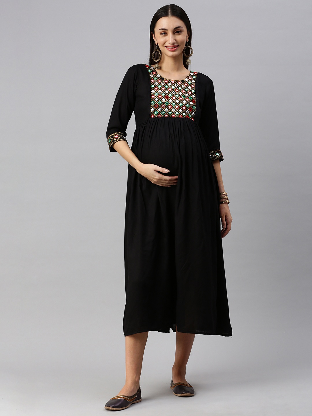 

Swishchick Round Neck Mirror Embroidered Maternity A-Line Midi Dress, Black