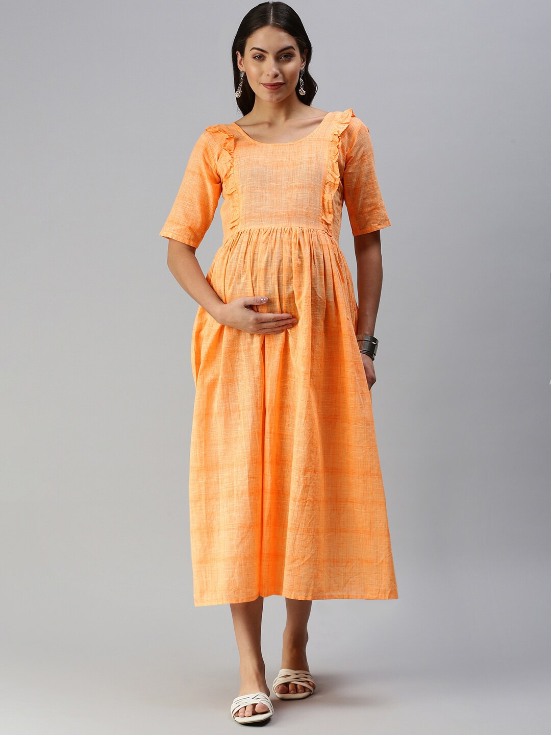 

Swishchick Round Neck Gathered Ruffles Cotton Maternity Fit & Flare Midi Ethnic Dress, Orange