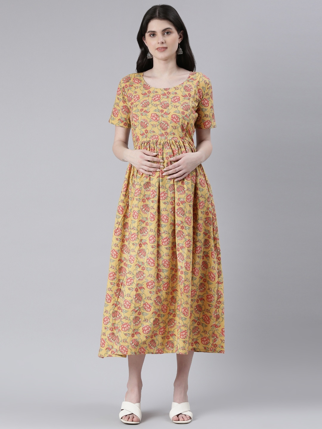 

Swishchick Floral Printed Round Neck Cotton Maternity Fit & Flare Midi Dress, Yellow