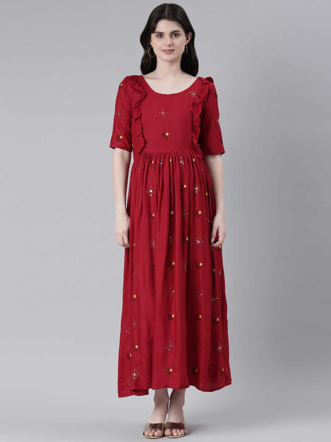 

Swishchick Ethnic Motifs Embroidered Sequined Round Neck Maternity Maxi Dress, Red