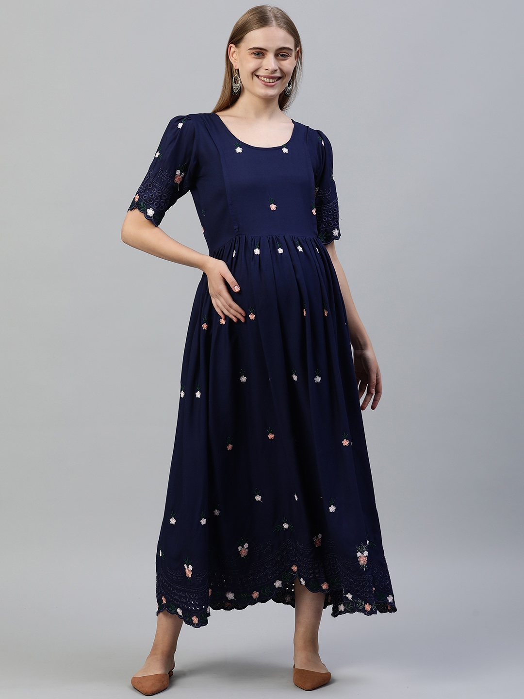 

Swishchick Floral Embroidered Maternity Fit and Flare Midi Dress, Navy blue
