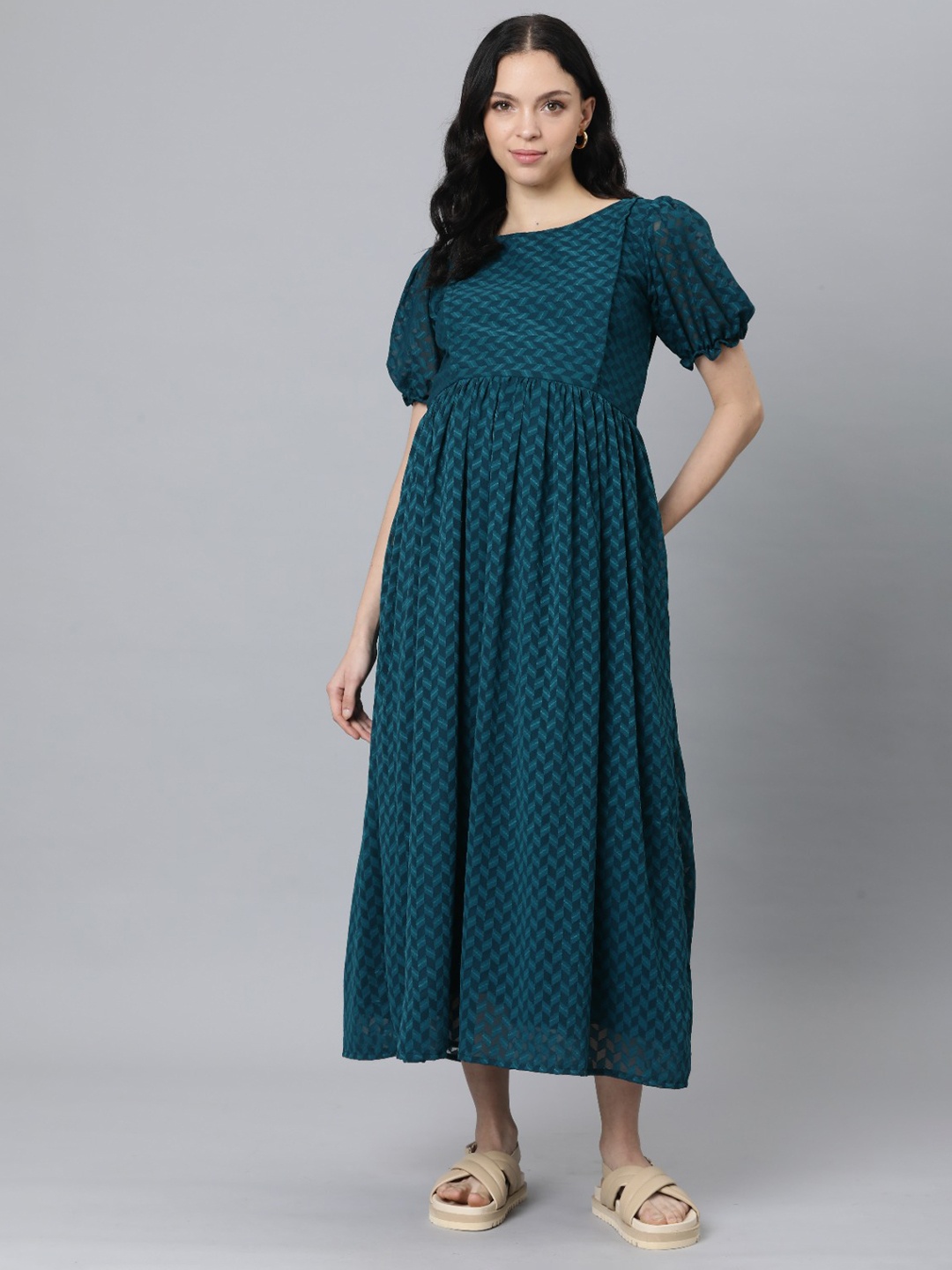 

Swishchick Maternity Ethnic Motifs Printed Puff Sleeves A-Line Dress, Teal