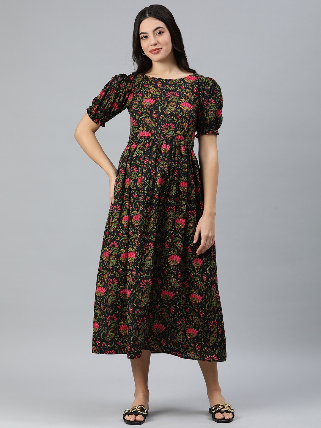 

Swishchick Floral Print Puff Sleeve Cotton A-Line Midi Maternity Dress, Black