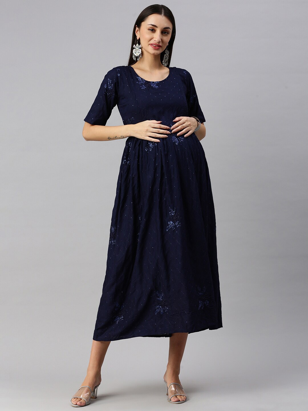 

Swishchick Floral Embroidered Gathered Sequinned Fit & Flare Maternity Midi Ethnic Dress, Navy blue