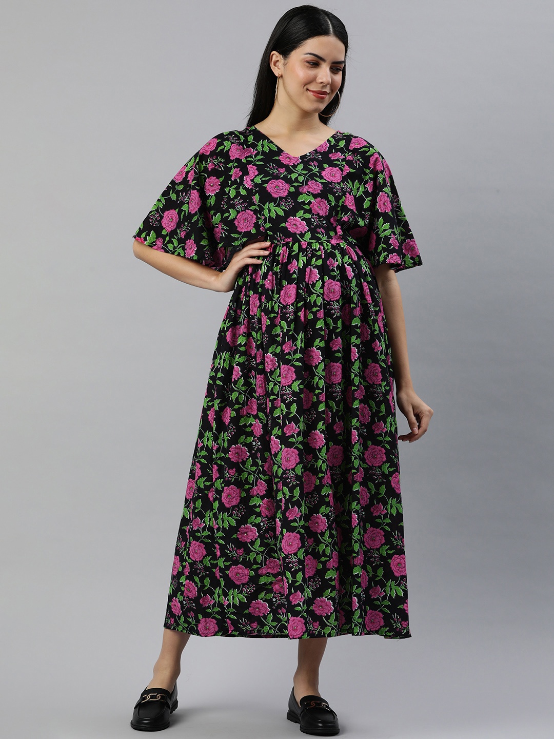 

Swishchick Floral Print Flared Sleeve Fit & Flare Maxi Cotton Maternity Dress, Black