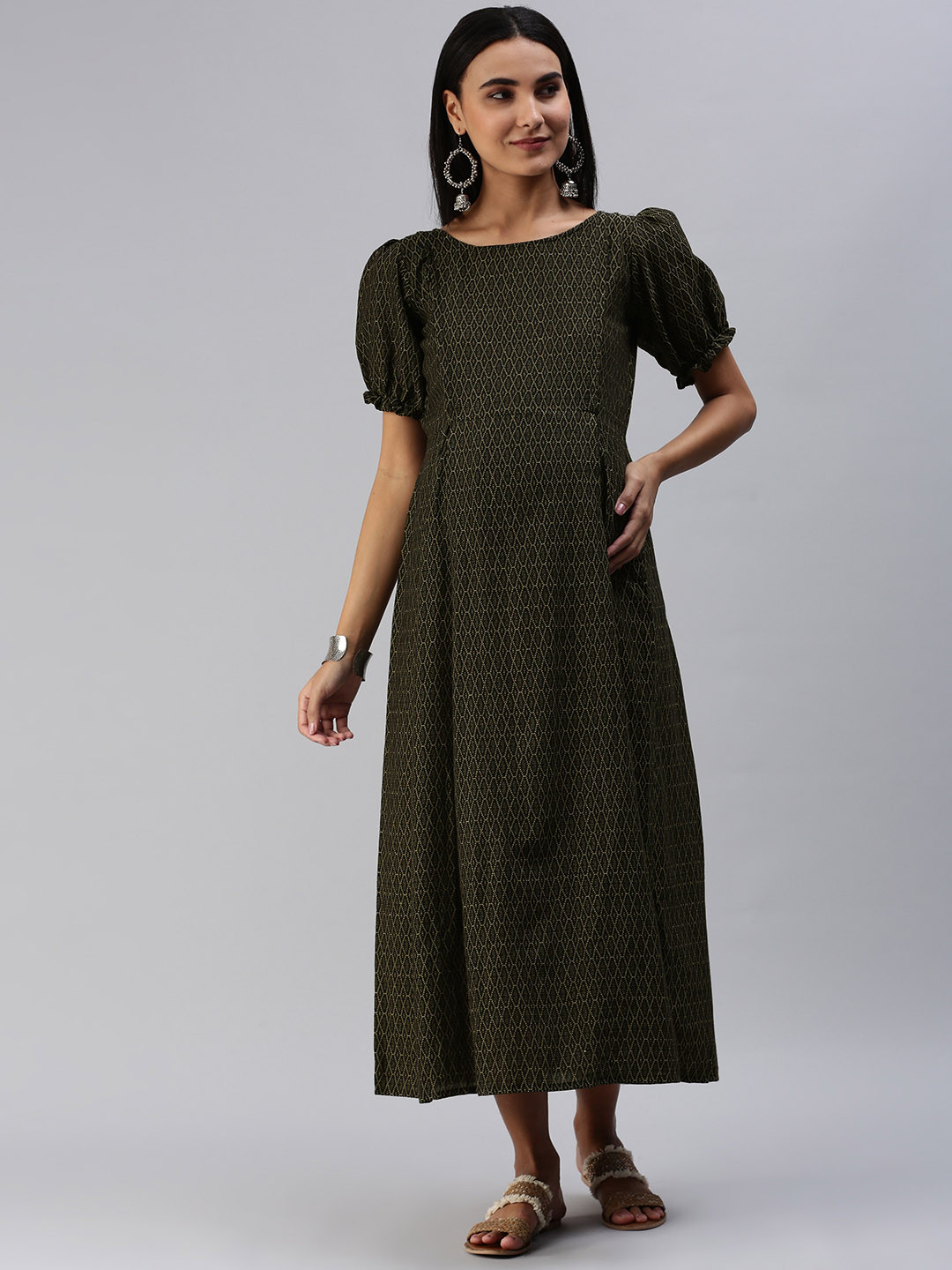 

Swishchick Geometric Printed Boat Neck Puff Sleeve A-Line Cotton Maternity Dress, Black