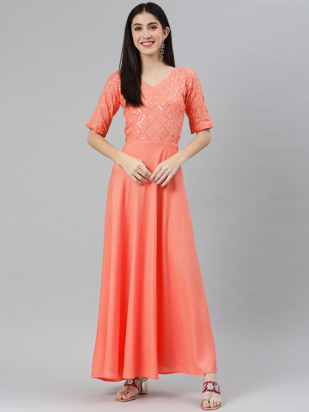 

Swishchick Embroidered Sequined & Mirror Work Fit & Flare Ethnic Dress, Peach