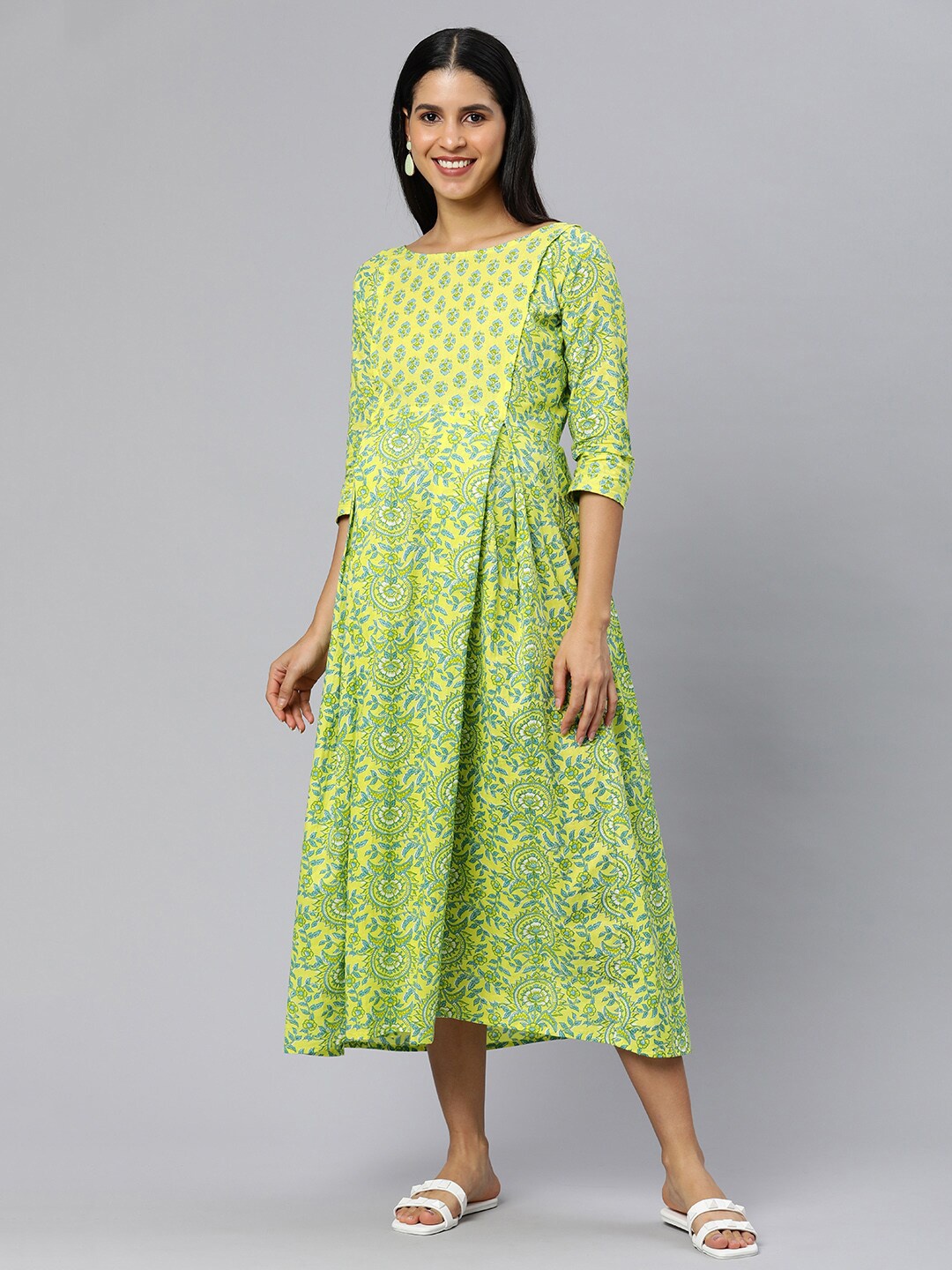 

Swishchick Floral Printed Gathered Cotton Maternity Fit & Flare Midi Ethnic Dress, Yellow