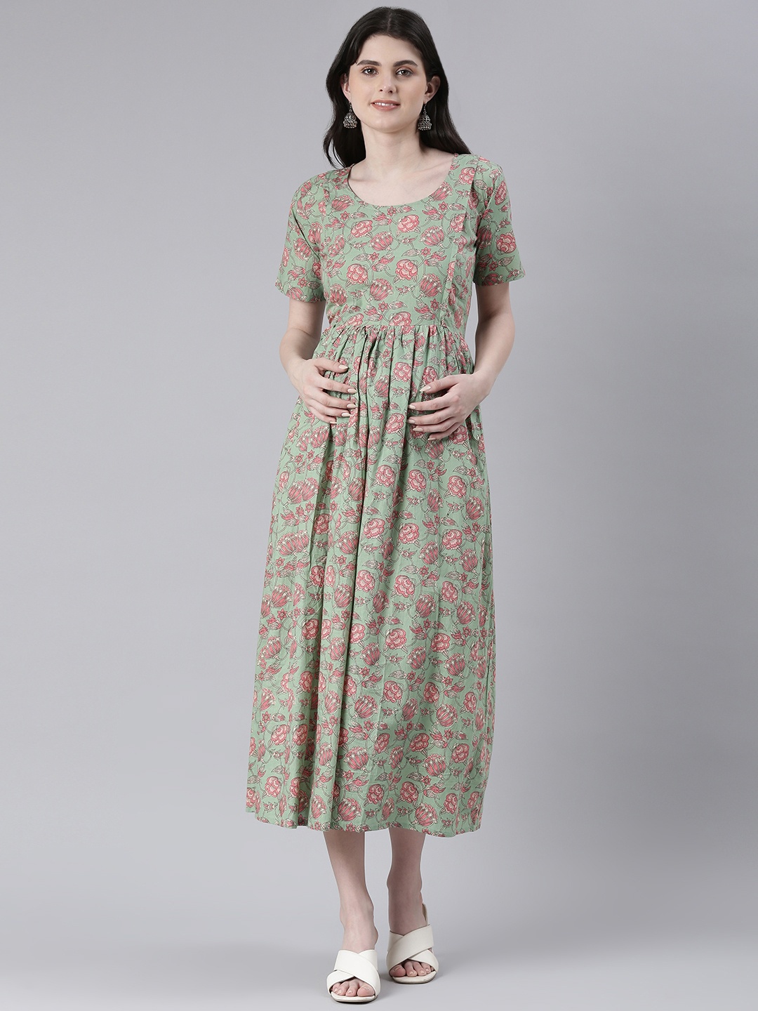 

Swishchick Floral Printed Gathered Cotton A-Line Maternity Dress, Green