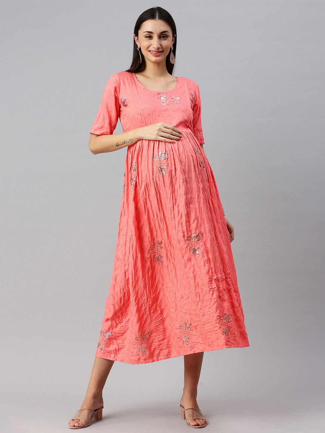 

Swishchick Sequin Embroidered Maternity Empire Dress, Peach