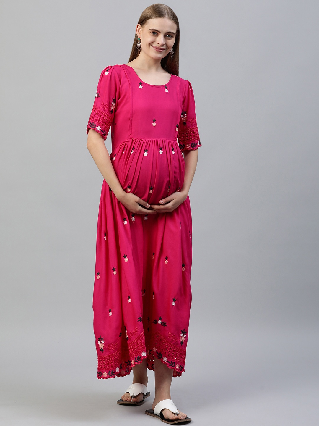 

Swishchick Floral Embroidered Maternity Maxi Dress, Pink