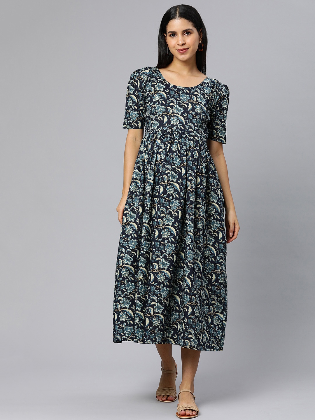 

Swishchick Floral Foil Print A-Line Maternity Midi Cotton Dress, Blue