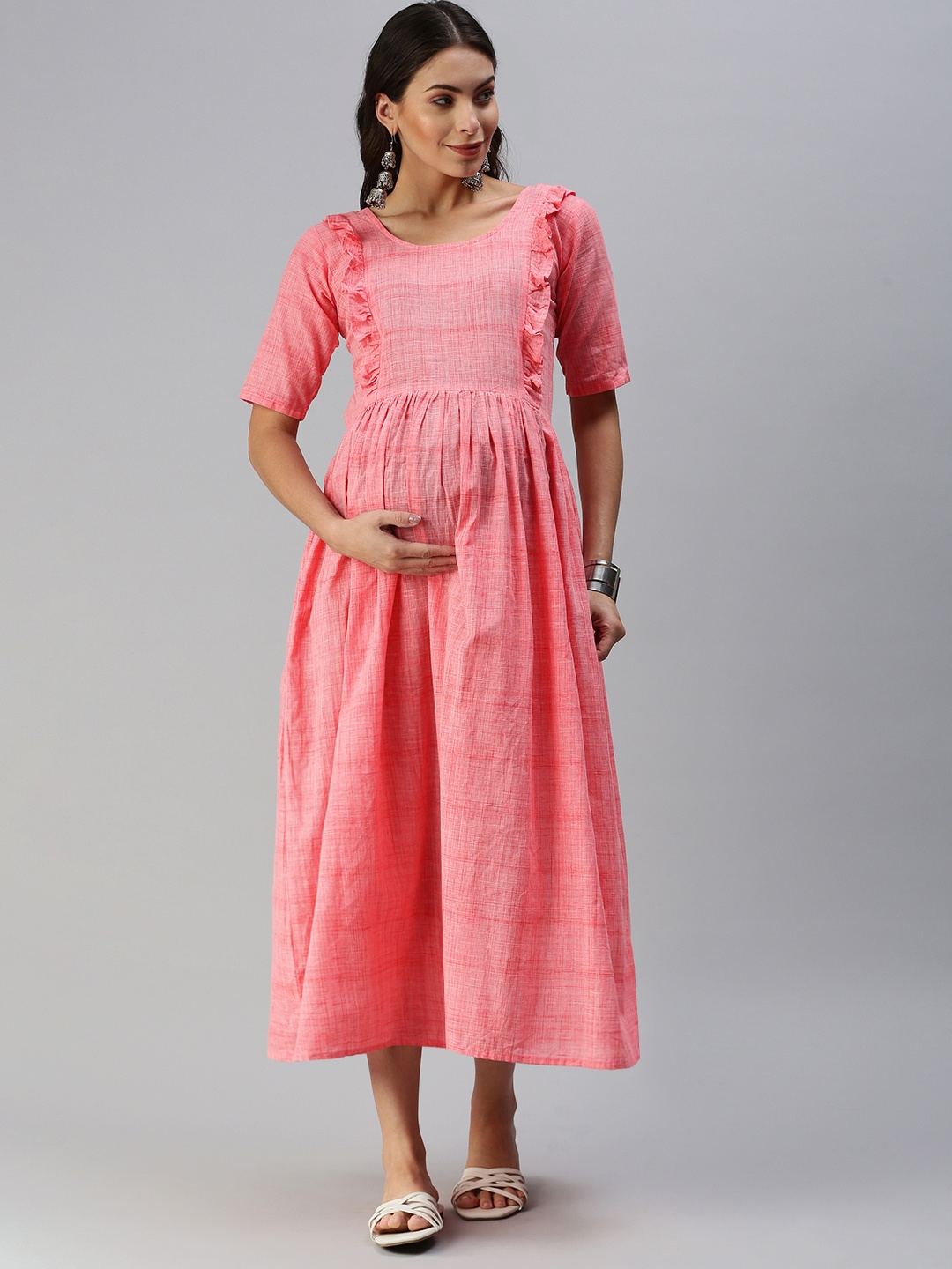 

Swishchick Self Design A-Line Maternity Cotton Midi Dress, Pink