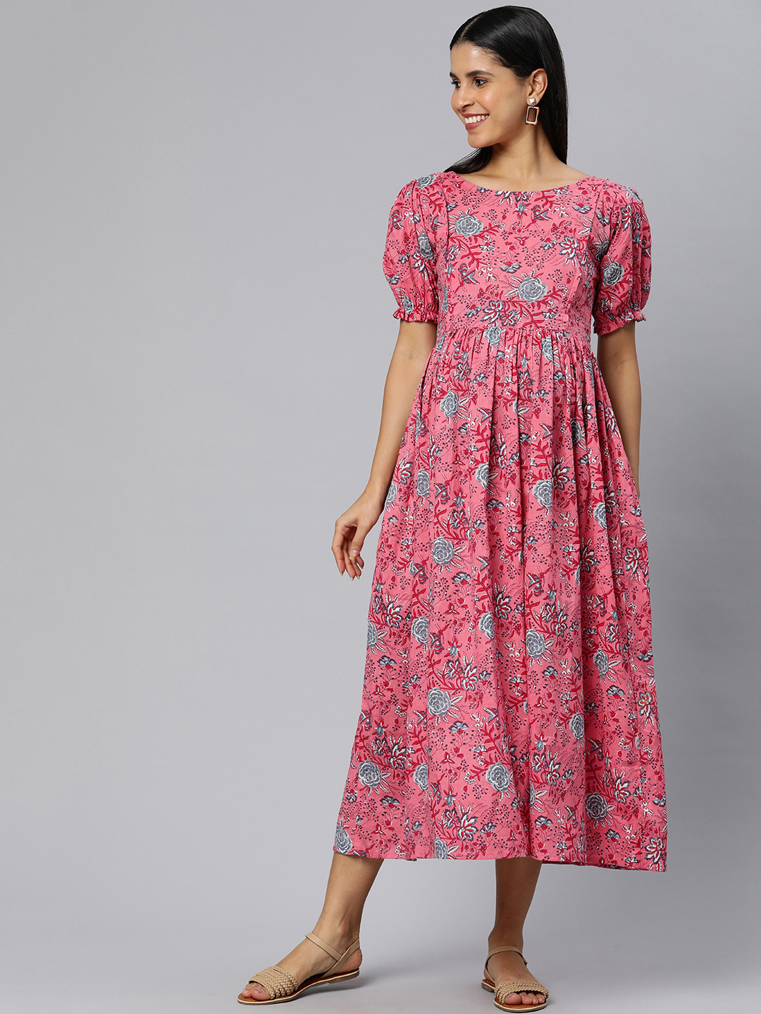 

Swishchick Floral Printed Puff Sleeve A-Line Cotton Maternity Midi Dress, Peach