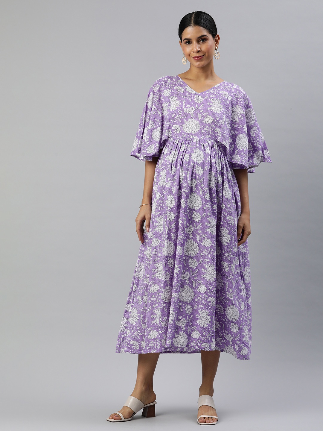 

Swishchick Floral Printed Flared Sleeve A-Line Cotton Maternity Midi Dress, Lavender