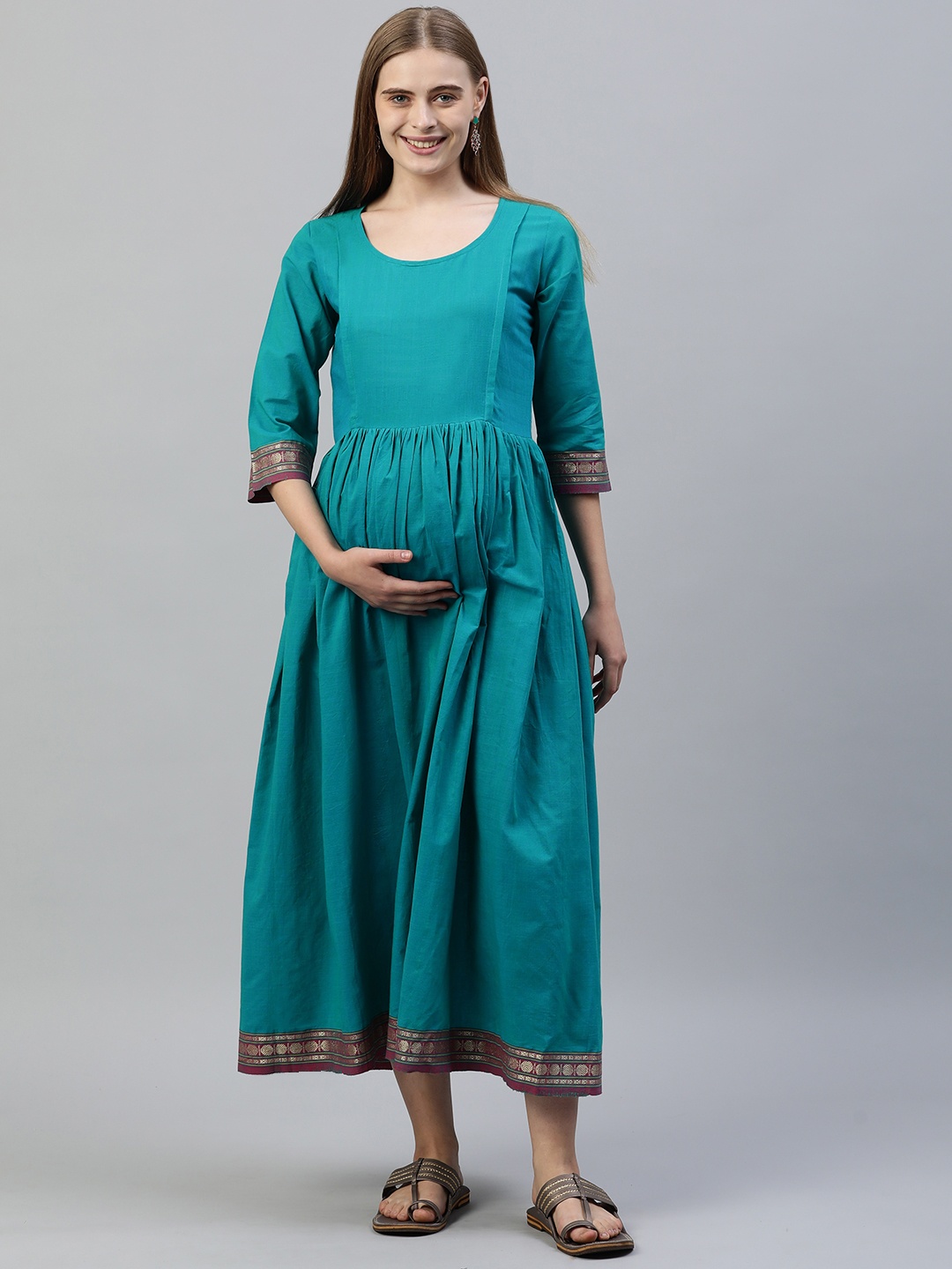 

Swishchick Round Neck Maternity Fit and Flare Maxi Dress, Blue