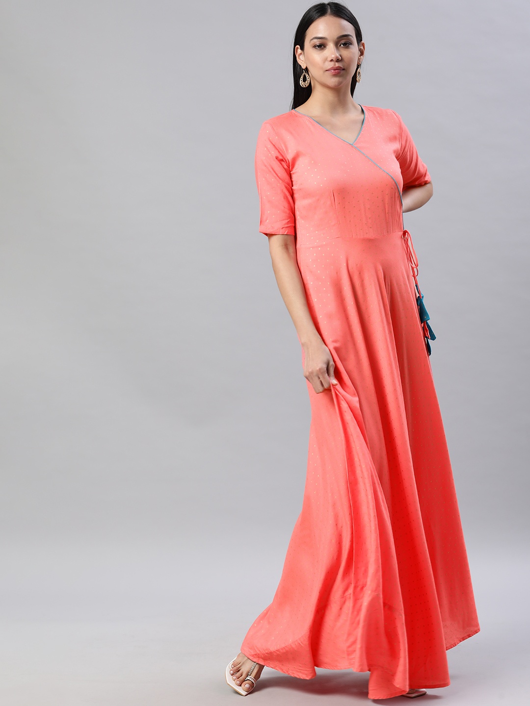 

Swishchick V-Neck Self Design Maxi Fit & Flare Dress, Peach