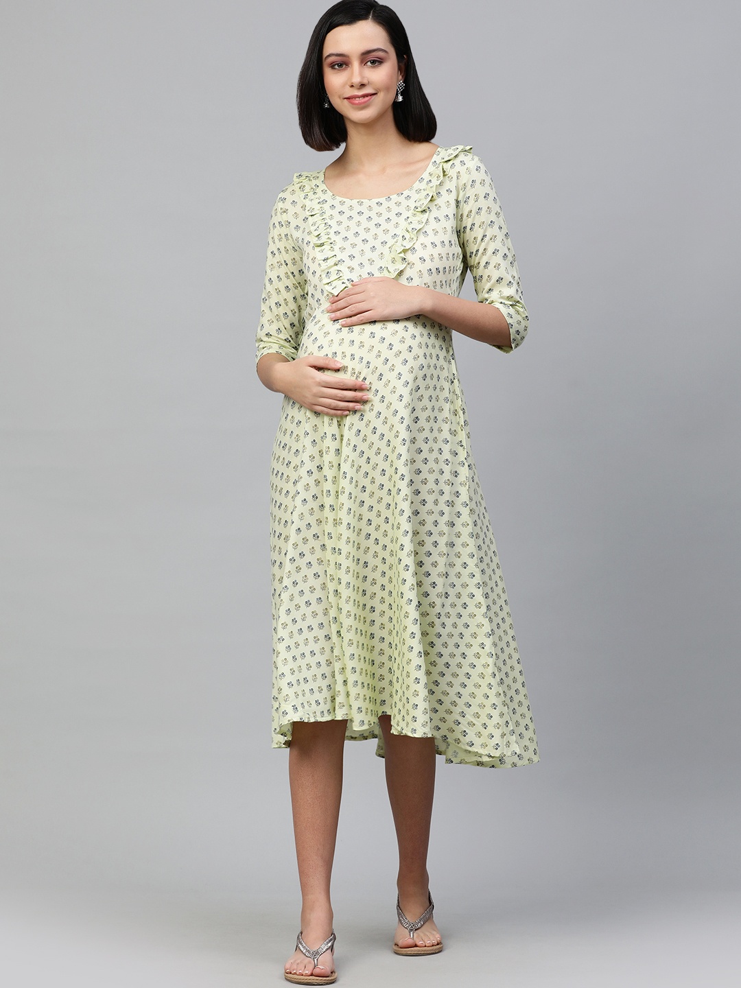 

Swishchick Floral Printed A-Line Maternity Midi Dress, Green