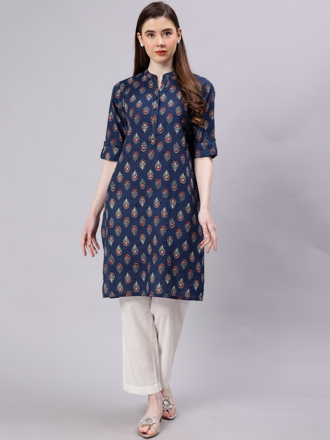 

ENTELLUS Women Ethnic Motifs Printed Cotton Kurta, Navy blue