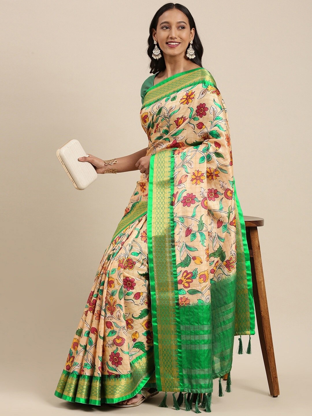 

faxofab Floral Zari Silk Cotton Banarasi Saree, Green