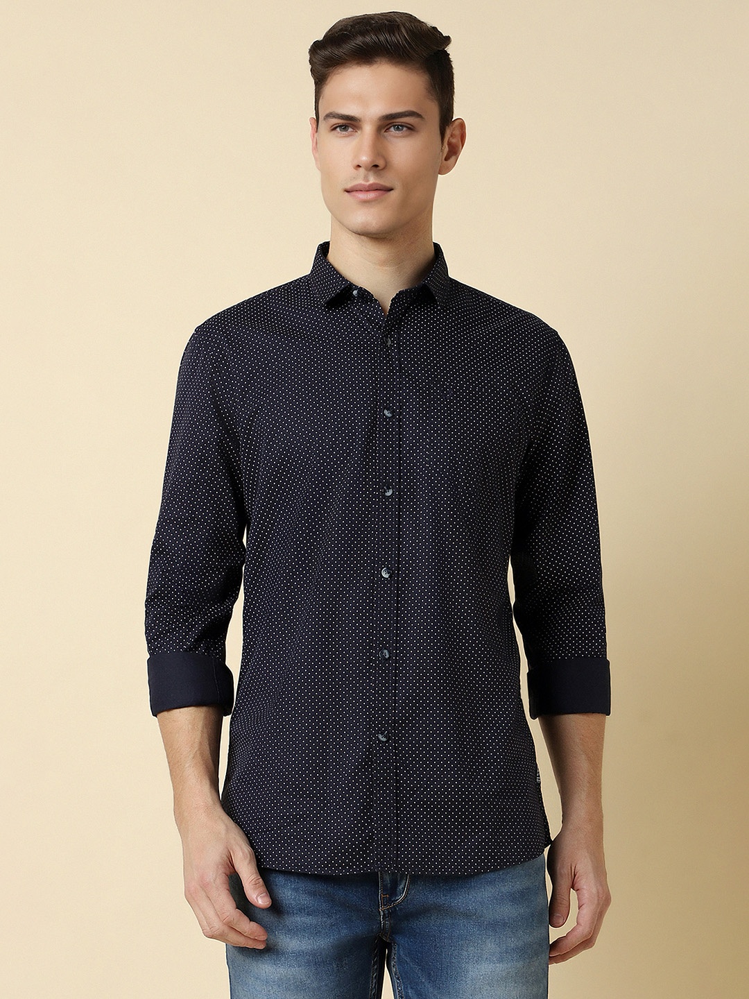 

Allen Solly Micro Ditsy Printed Long Sleeves Pure Cotton Casual Shirt, Navy blue