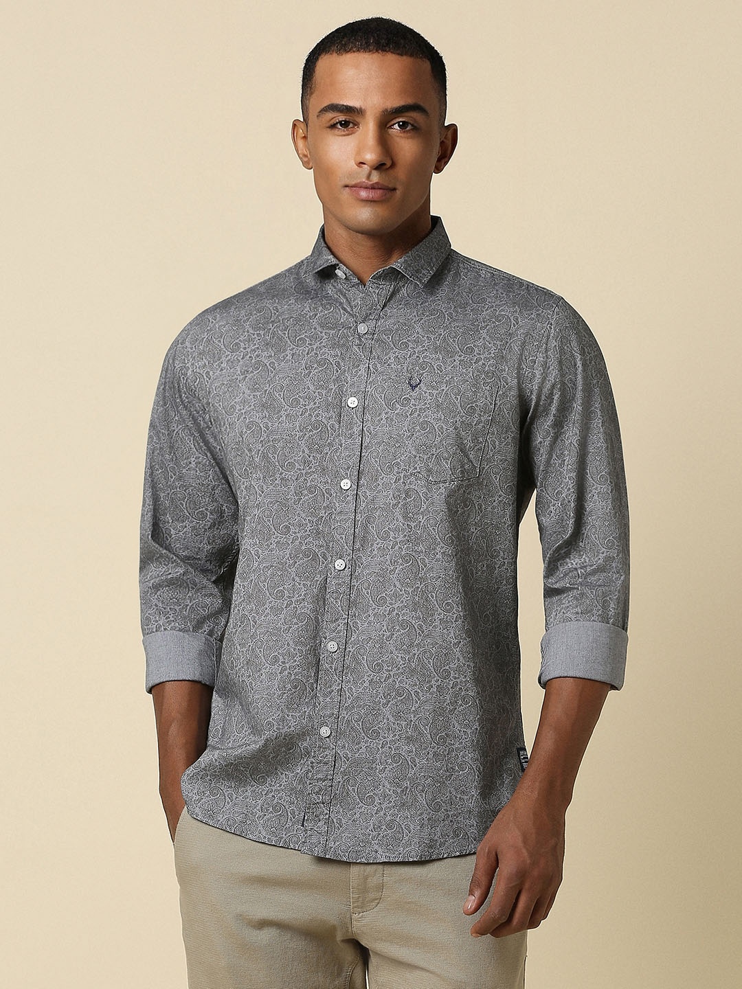 

Allen Solly Custom Ethnic Motifs Printed Spread Collar Long Sleeves Cotton Casual Shirt, Grey