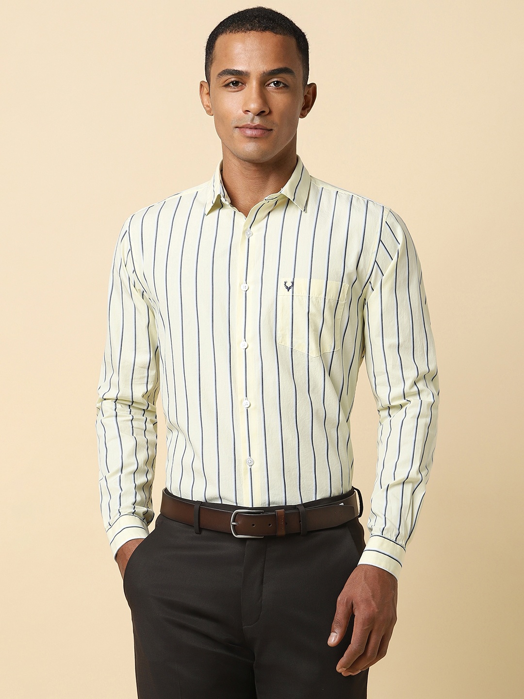 

Allen Solly Spread Collar Slim Fit Striped Formal Pure Cotton Shirt, Yellow