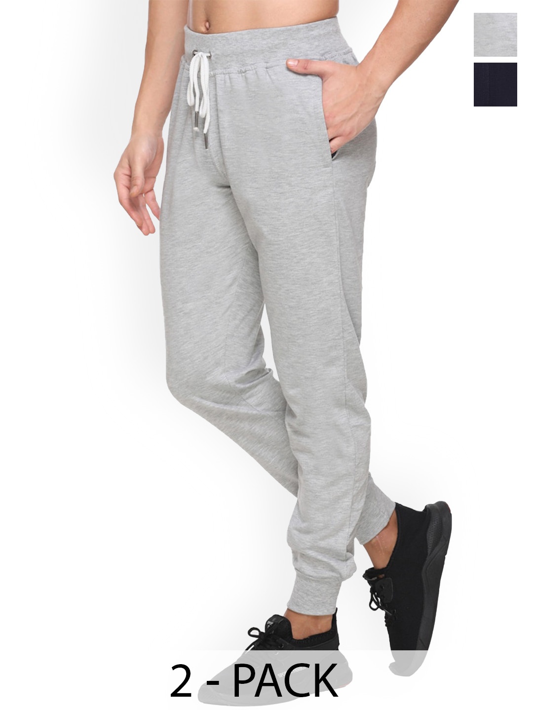 

BASIS PLN Men Pack Of 2 Cotton Mid Rise Joggers, Navy blue