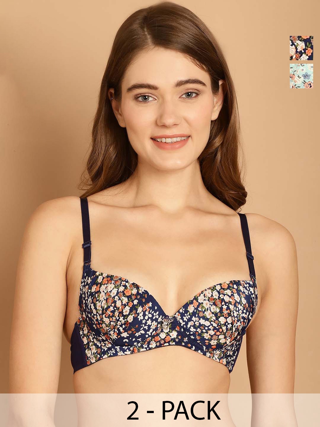 

Friskers Pack of 2 Floral Lightly Padded Dry Fit Push-Up Bras With All Day Comfort, Blue