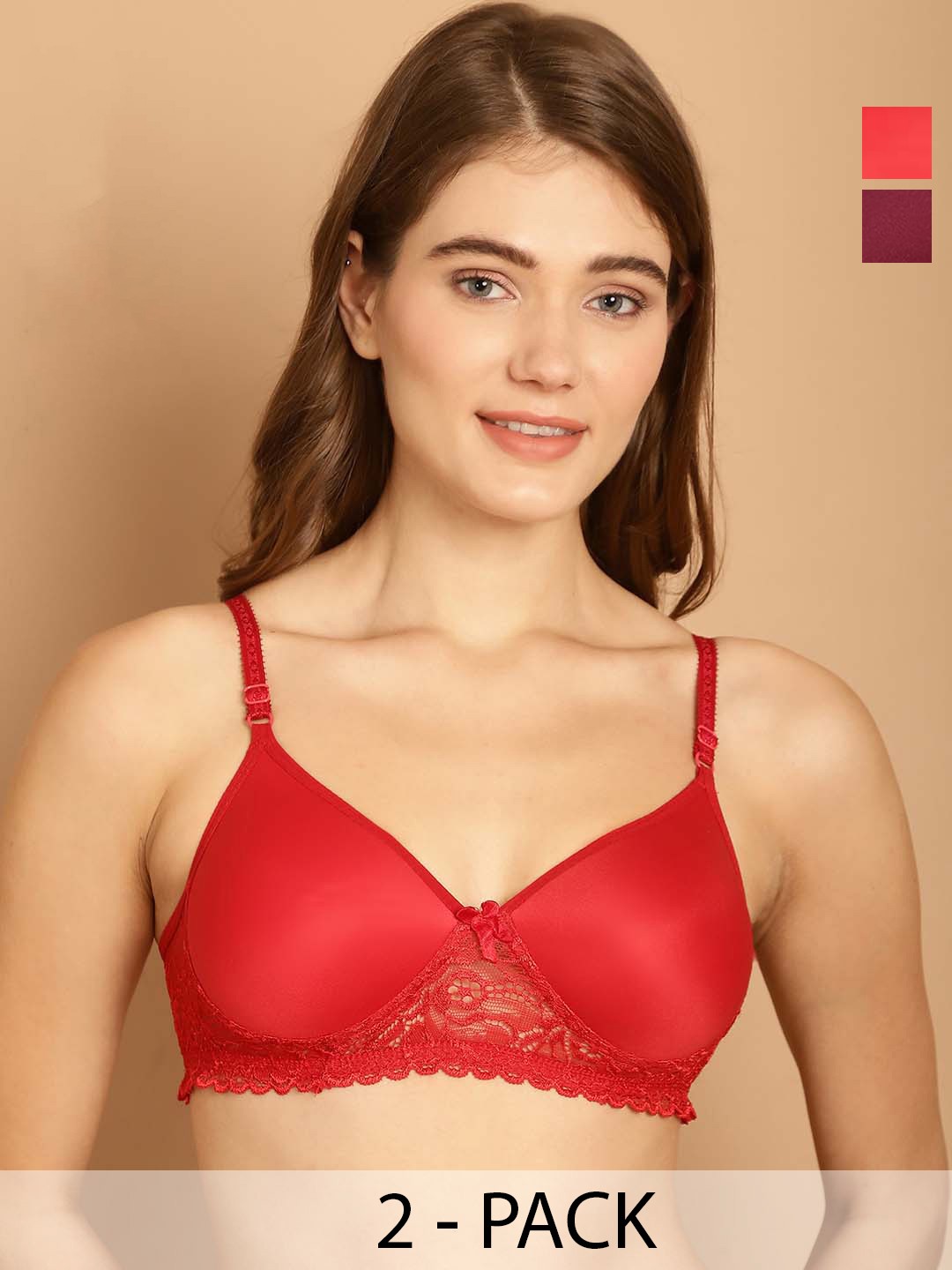 

Friskers Pack of 2 Lightly Padded Dry Fit Balconette Bras With All Day Comfort, Red
