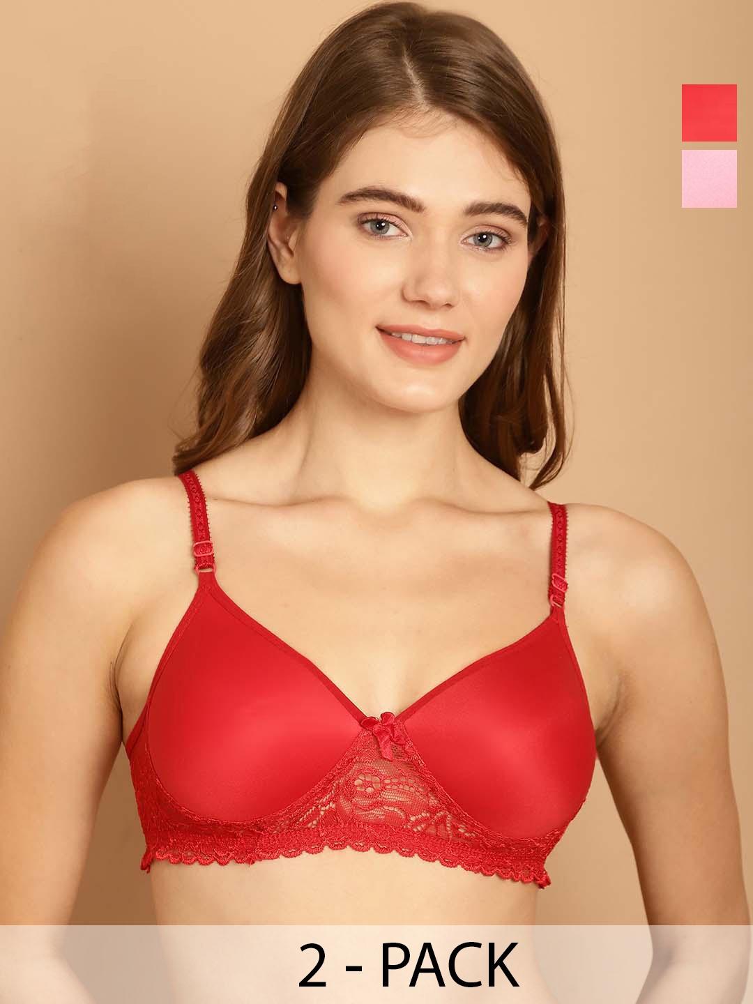 

Friskers Pack Of 2 Lightly Padded Dry Fit Balconette Bras With All Day Comfort, Red