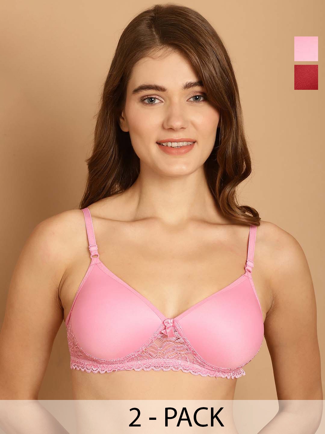 

Friskers Pack Of 2 Lightly Padded Dry Fit Balconette Bras With All Day Comfort, Pink