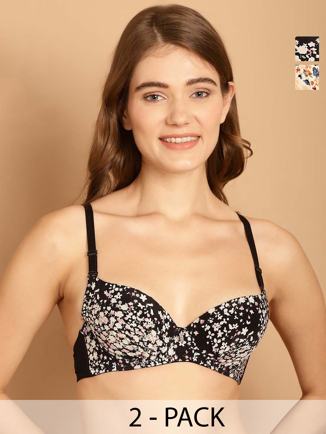 

Friskers Pack Of 2 Floral Printed Lightly Padded Dry Fit Push-Up Bras With All Day Comfort, Black