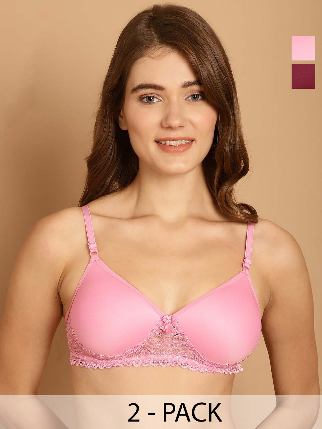 

Friskers Pack Of 2 Medium Coverage Dry Fit Balconette Bras With All Day Comfort, Pink