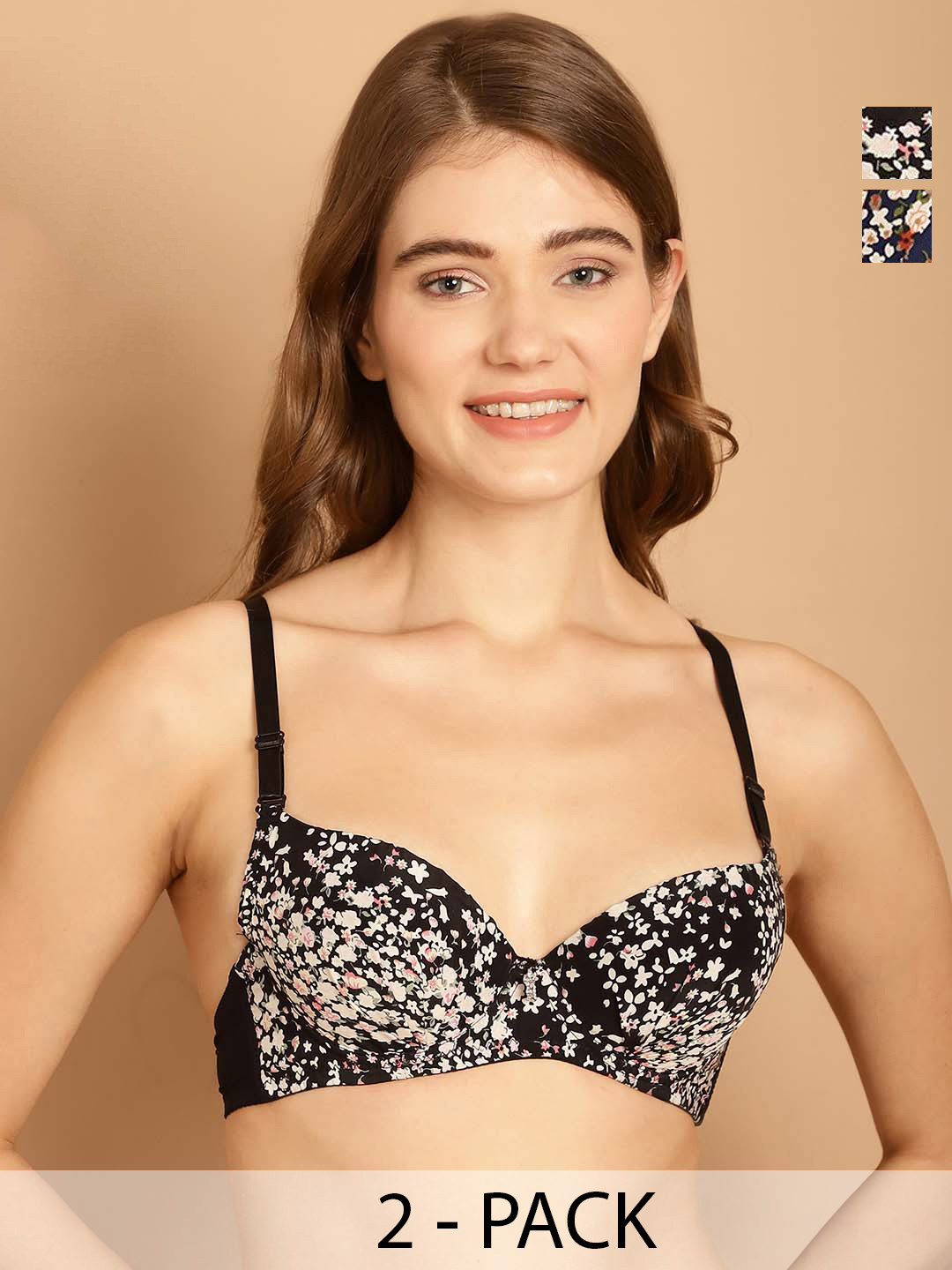 

Friskers Pack Of 2 Floral Printed Lightly Padded Dry Fit Push-Up Bras With All Day Comfort, Black