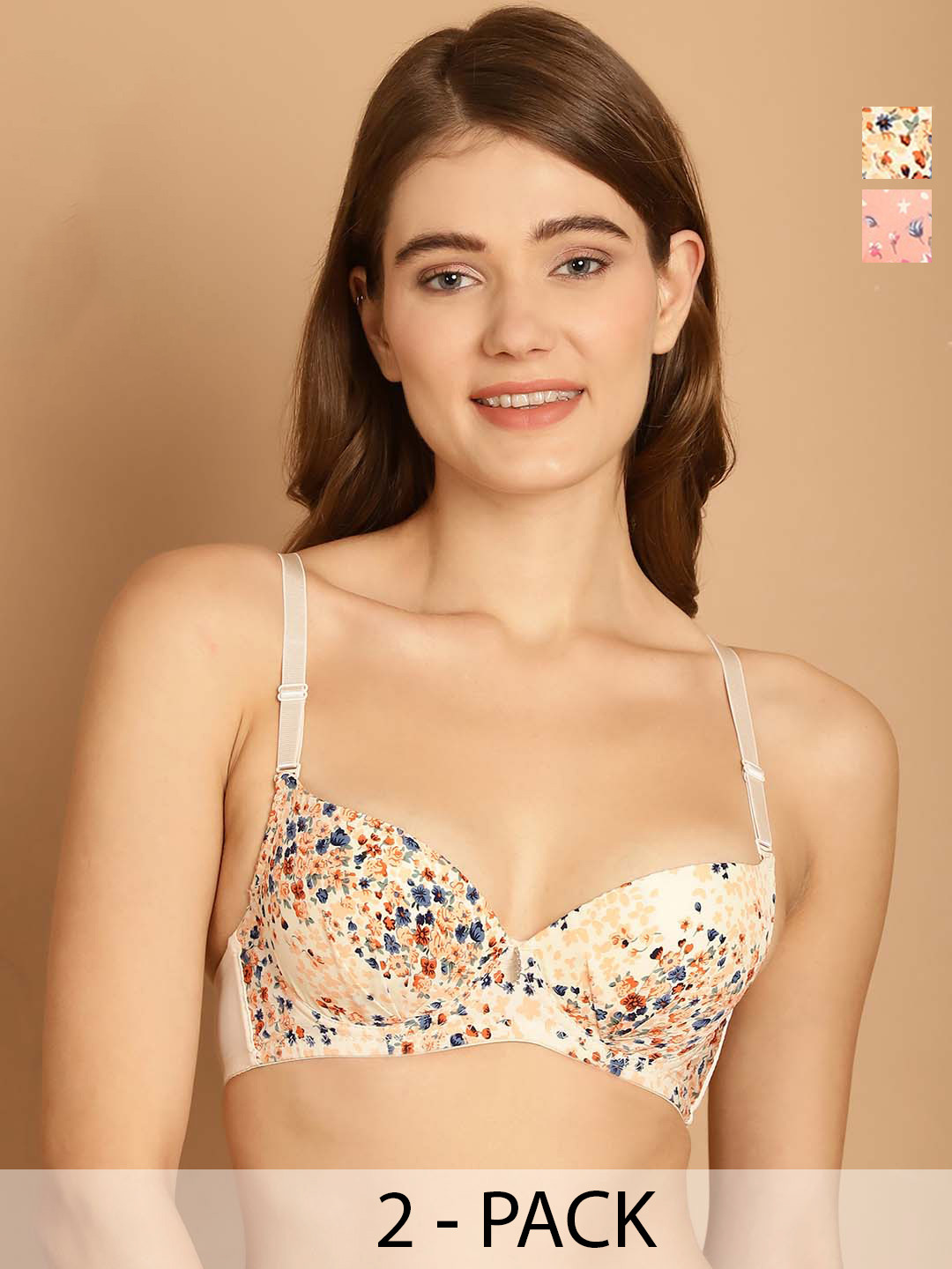

Friskers Pack Of 2 Printed Medium Coverage Lightly Padded T-shirt Bra- All Day Comfort, Beige