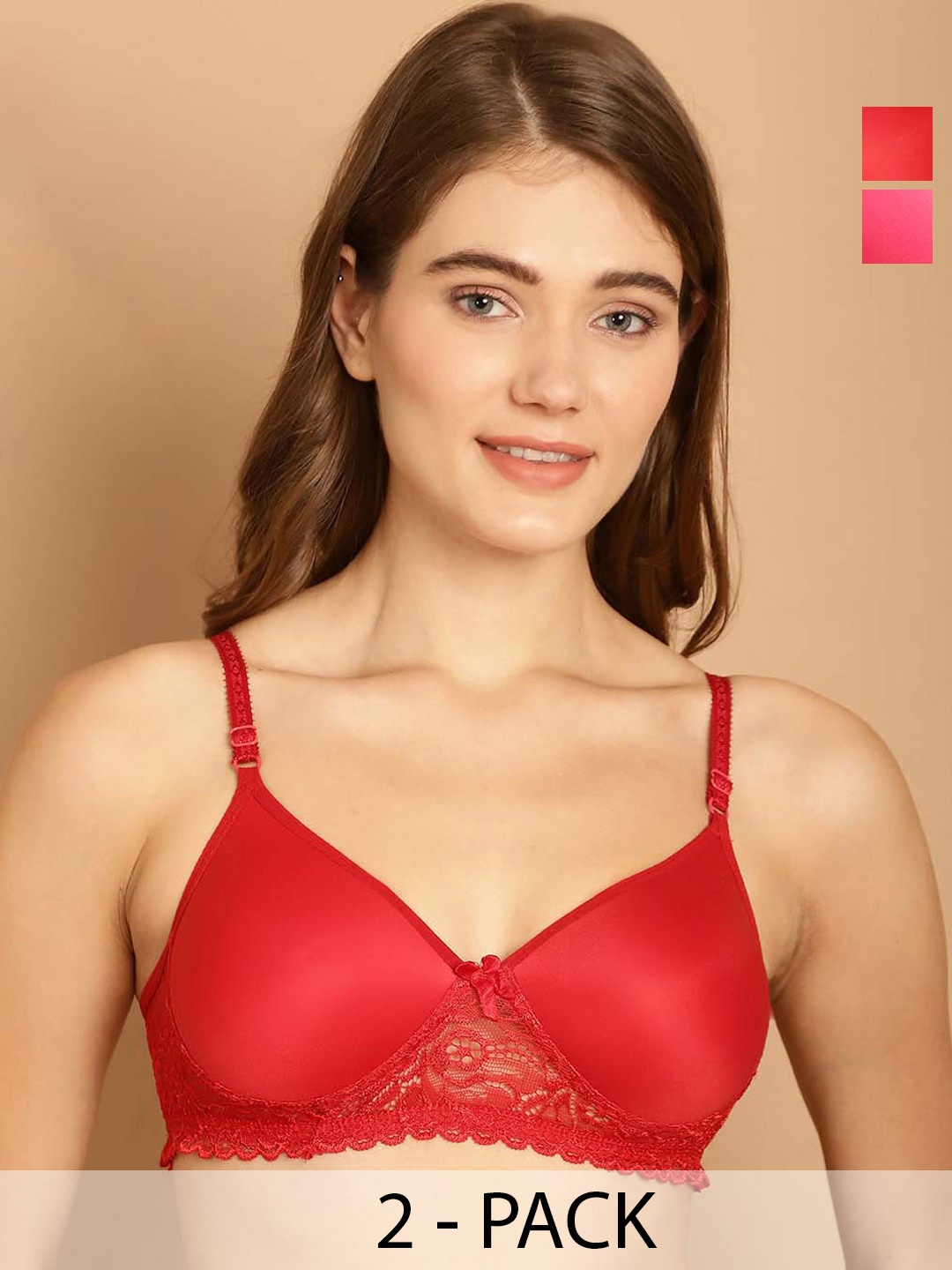 

Friskers Pack Of 2 Medium Coverage Lightly Padded T-shirt Bra- All Day Comfort, Red