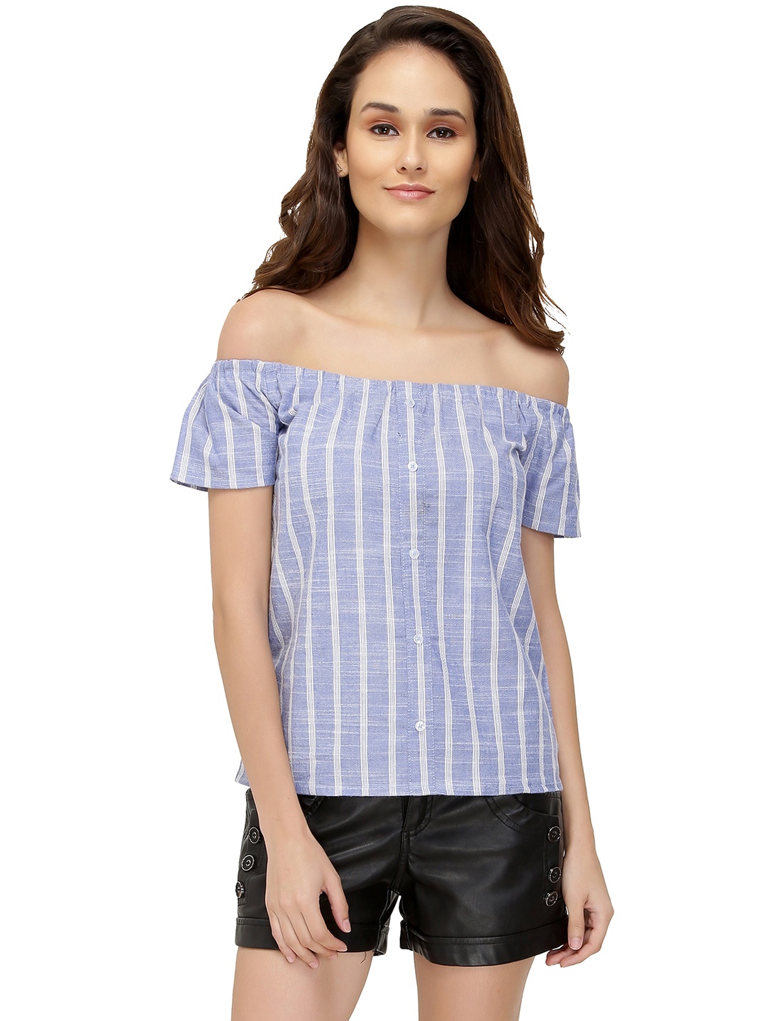 

CHIMPAAANZEE Striped Off-Shoulder Cotton Bardot Top, Blue