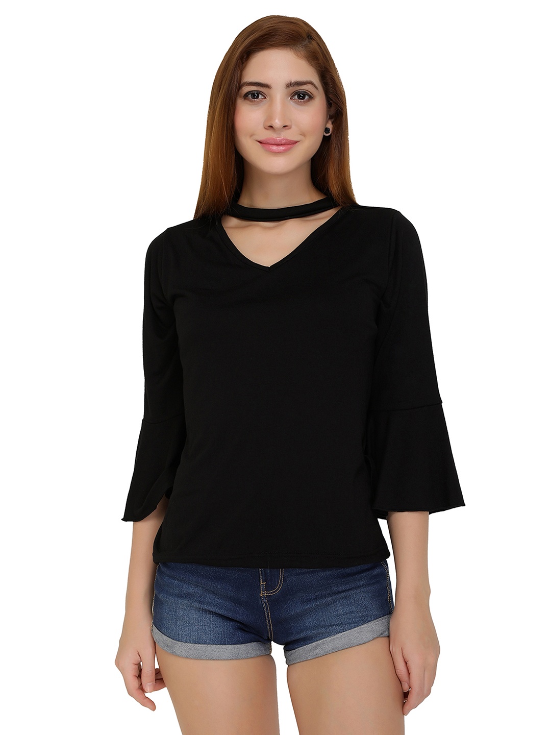

CHIMPAAANZEE Choker Neck Bell Sleeve Top, Black