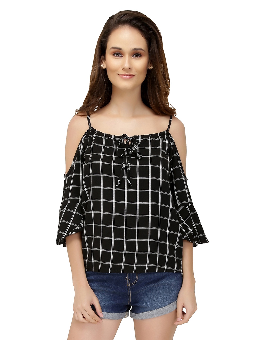 

CHIMPAAANZEE Checked Cold-Shoulder Sleeves Tie Up Cotton Top, Black