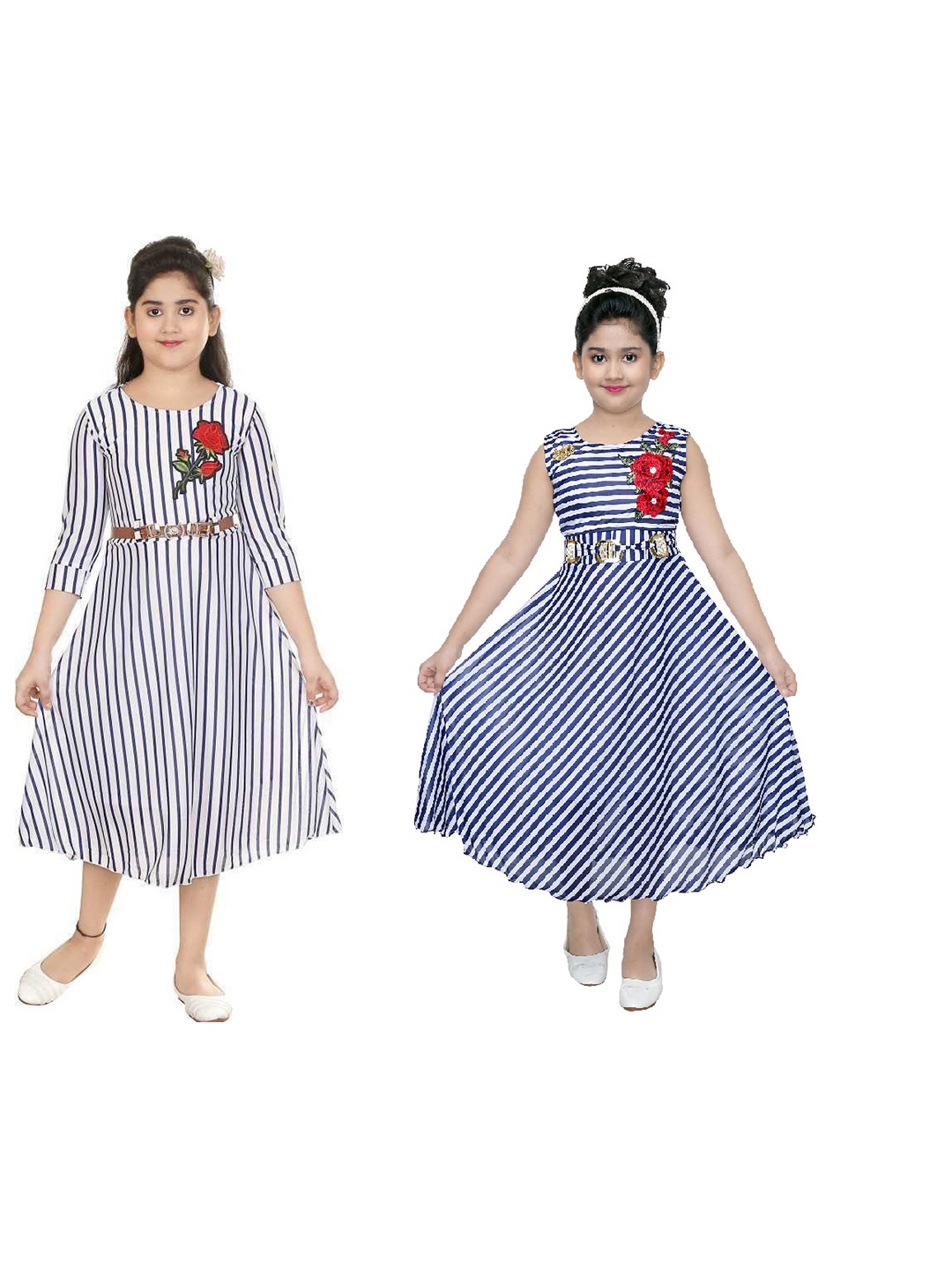 

BAESD Girls Pack of 2 Striped Embroidered A-Line Midi Dress, White