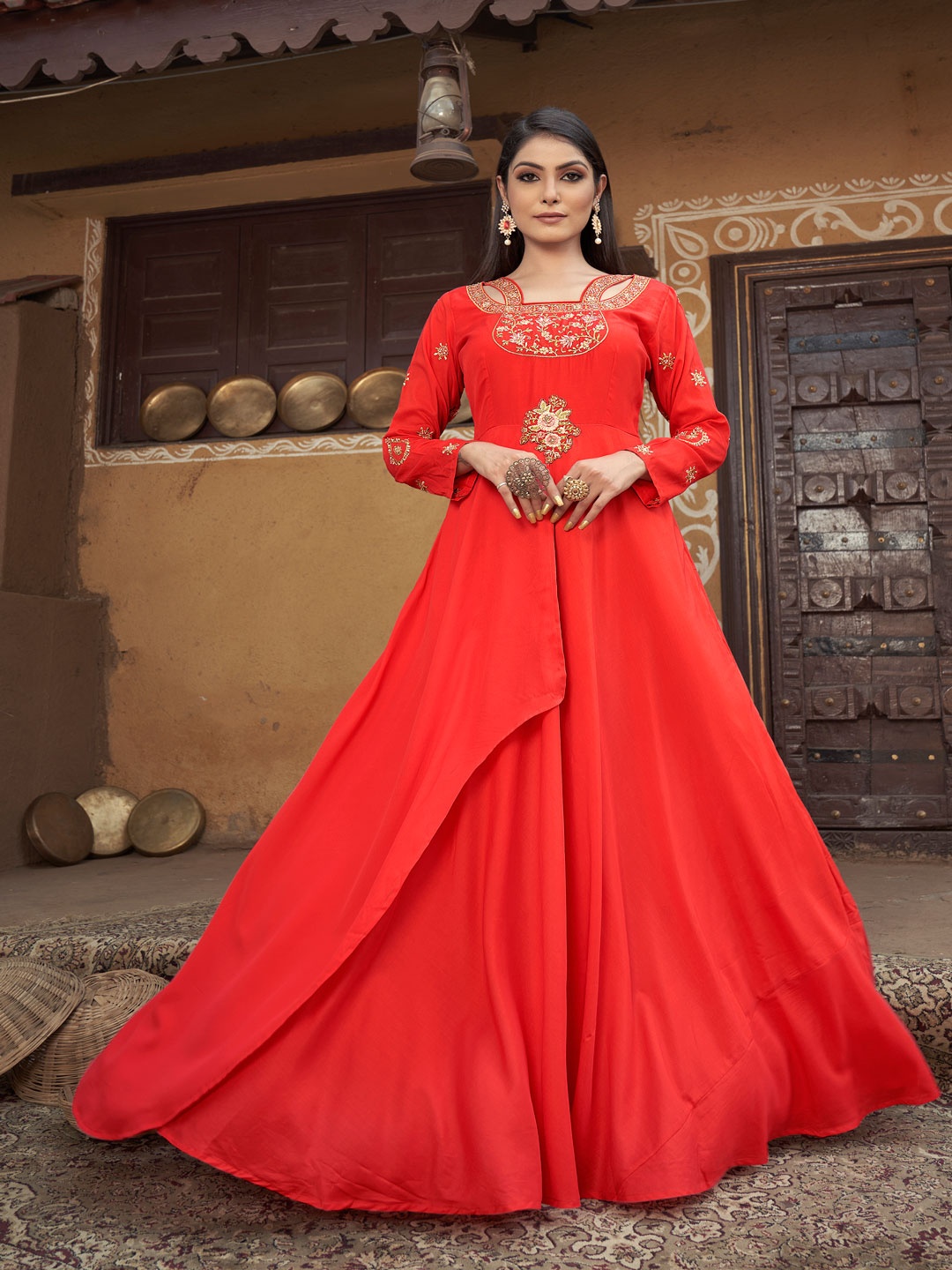 

Lilots Floral Embroidered Fit and Flare Maxi Ethnic Dress, Red