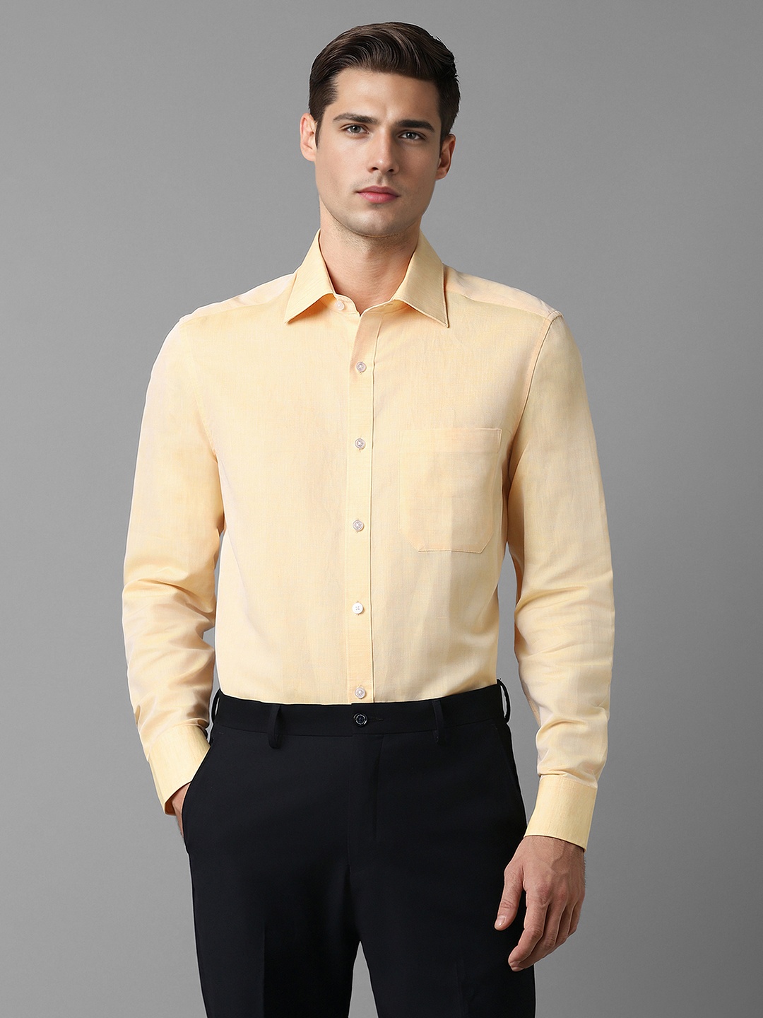 

Louis Philippe Spread Collar Classic Cotton Linen Formal Shirt, Yellow