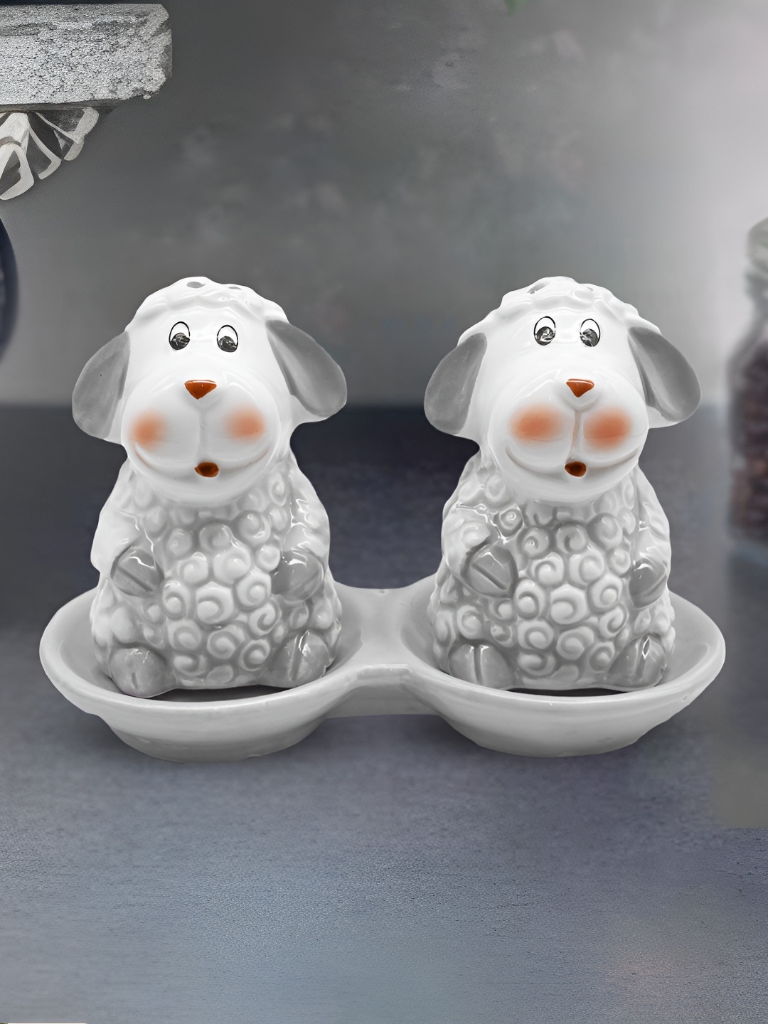 

Kookee White & Grey Ceramic Salt & Pepper Set With Tray