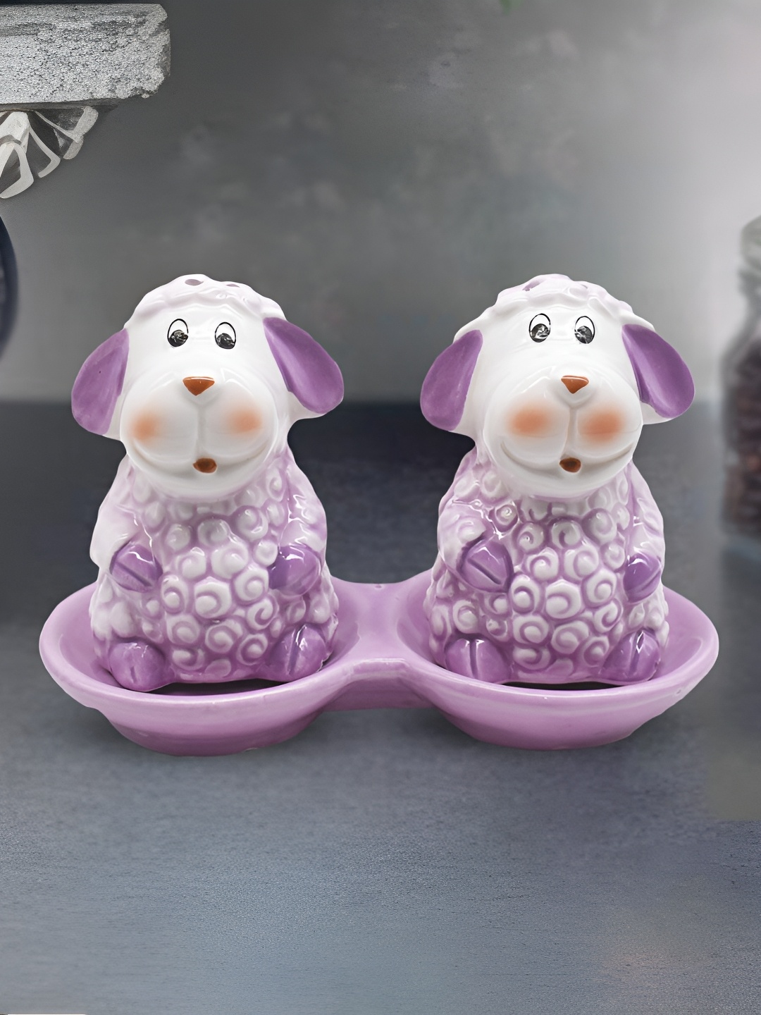 

Kookee Purple & White Ceramic Salt Pepper Containers With Tray