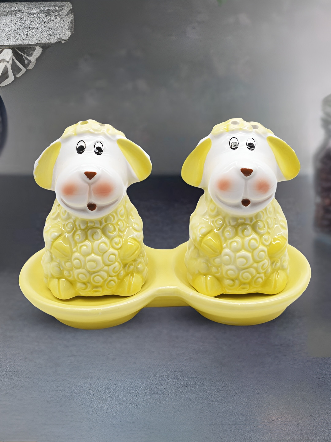

Kookee Yellow and White 2 Pieces Ceramic Salt & Pepper Set With Tray 50 ml each